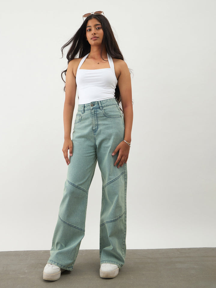 Girls Green Acid Wash Denim Thread Detail Ankle Length Jeans