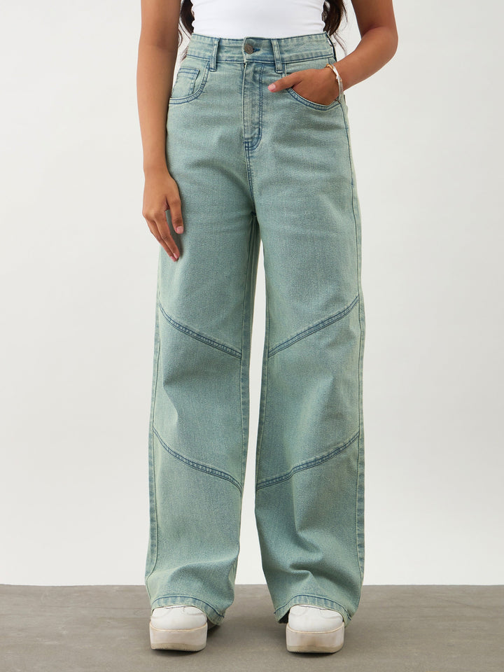 Girls Green Acid Wash Denim Thread Detail Ankle Length Jeans