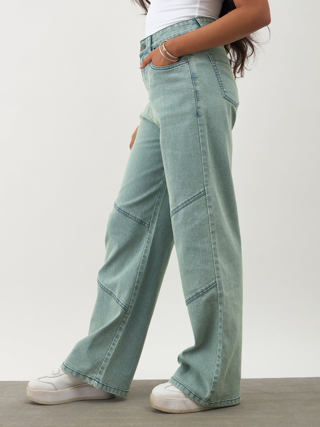 Girls Green Acid Wash Denim Thread Detail Ankle Length Jeans