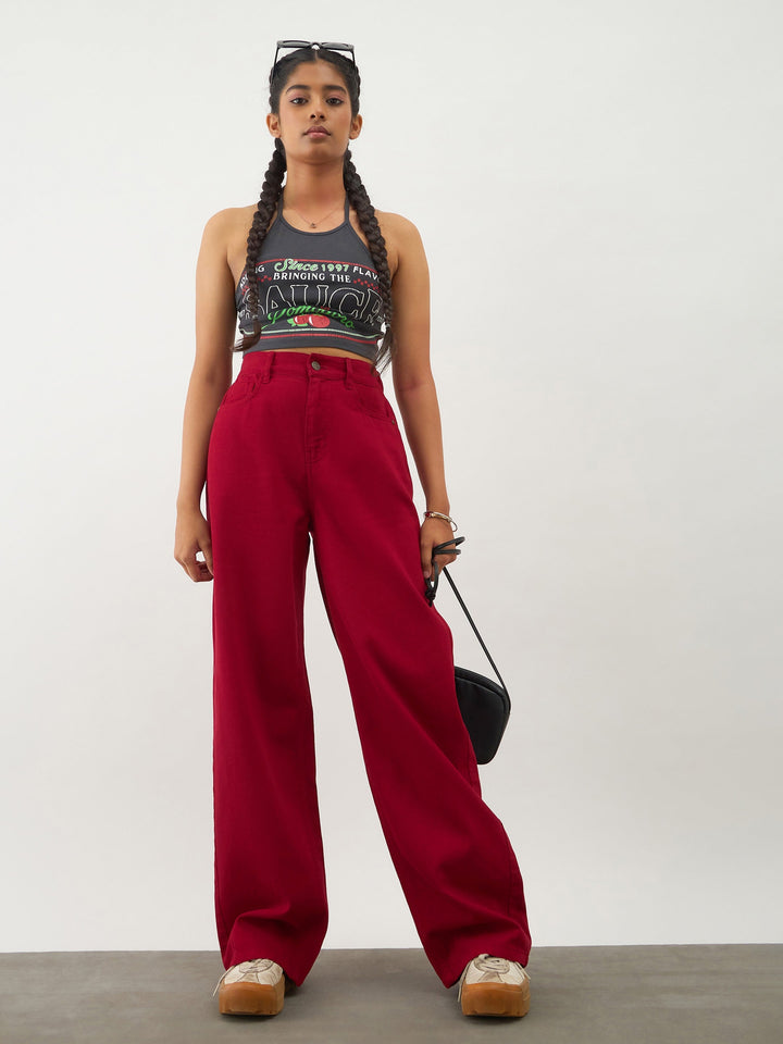 Girls Red Denim Ankle Length Jeans