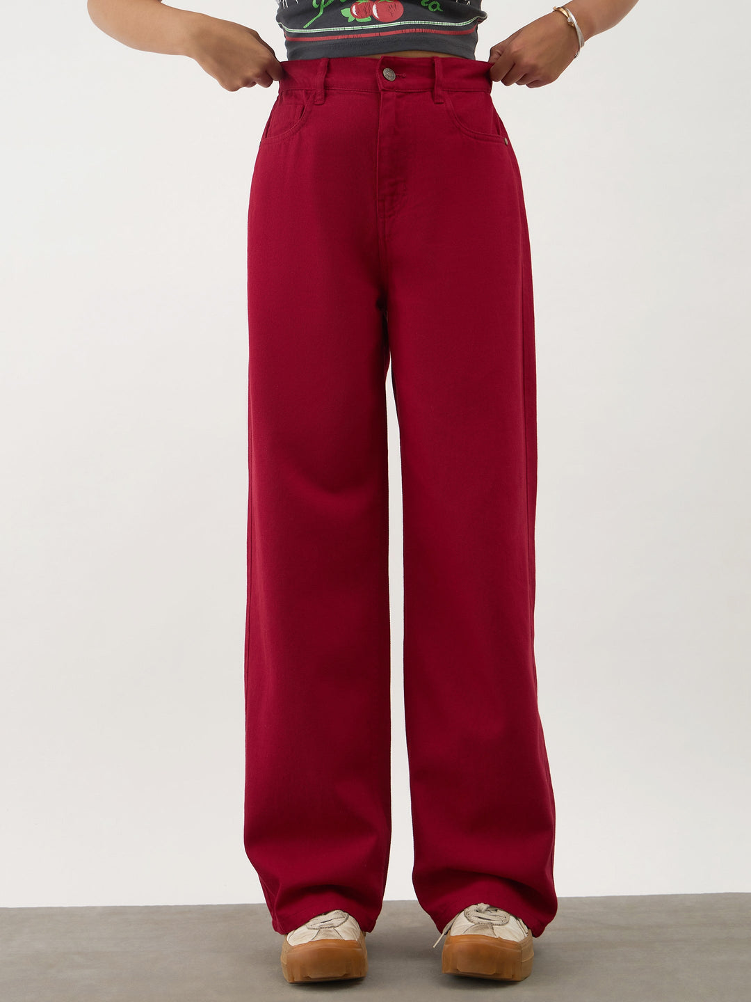 Girls Red Denim Ankle Length Jeans