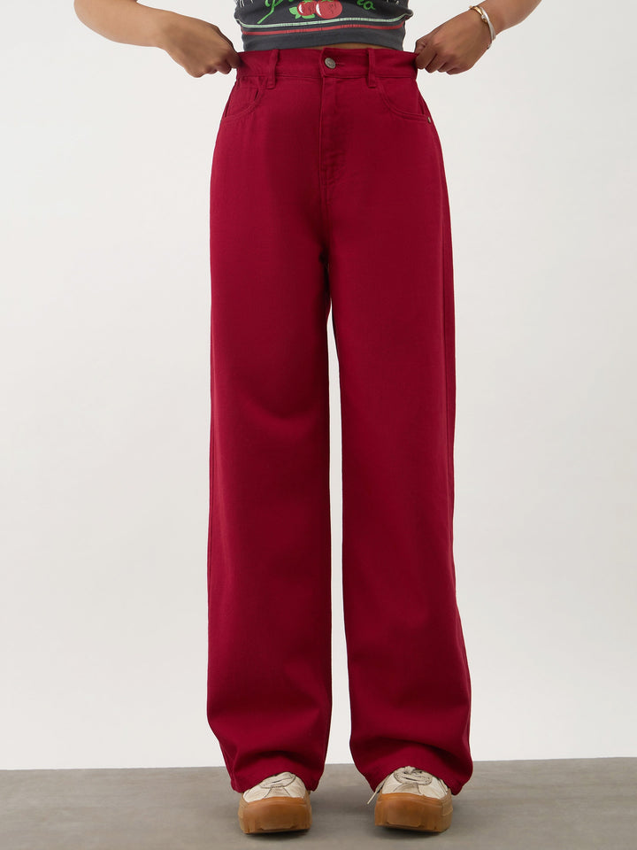 Girls Red Denim Ankle Length Jeans