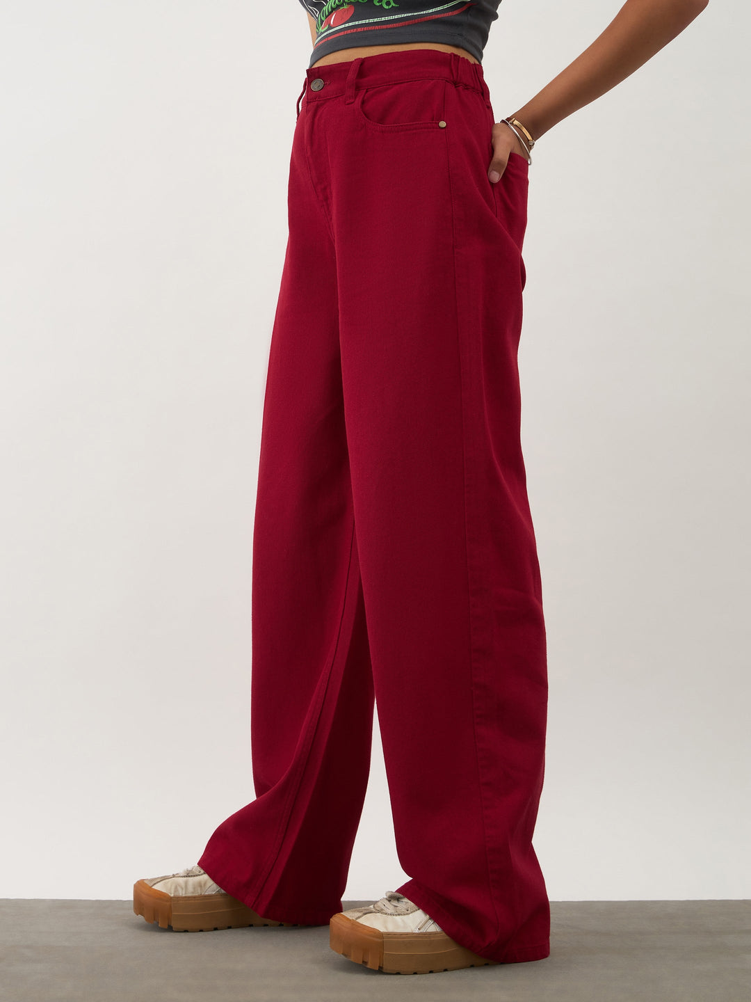 Girls Red Denim Ankle Length Jeans