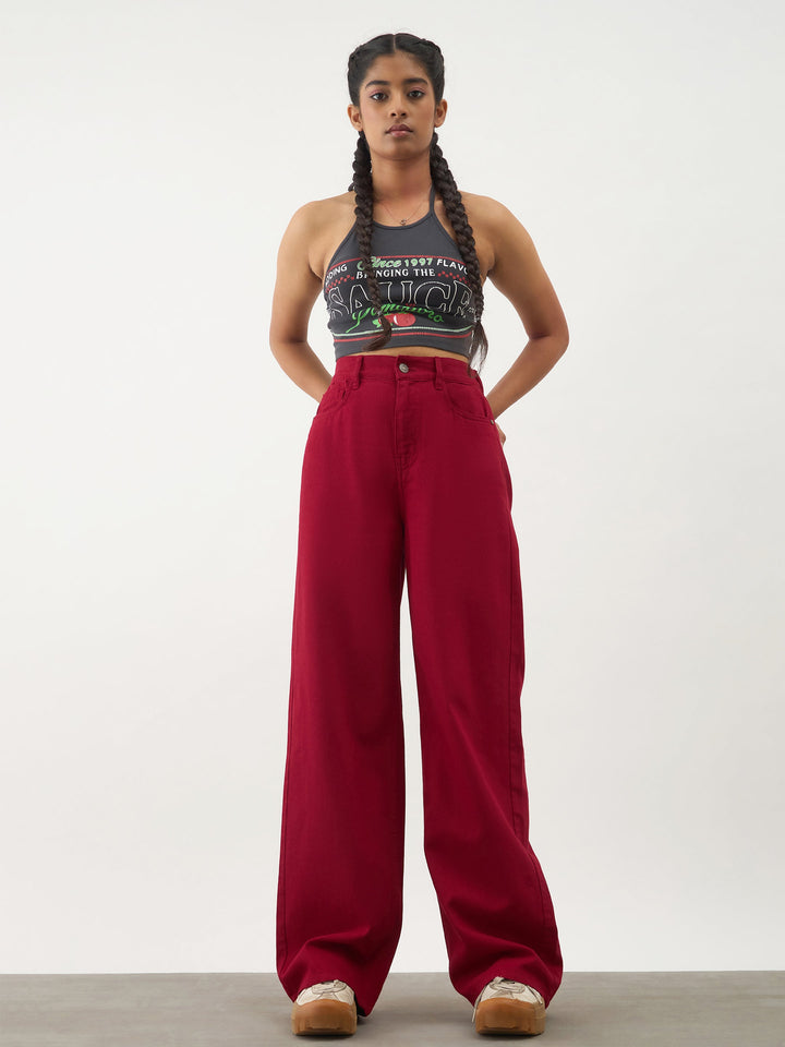 Girls Red Denim Ankle Length Jeans