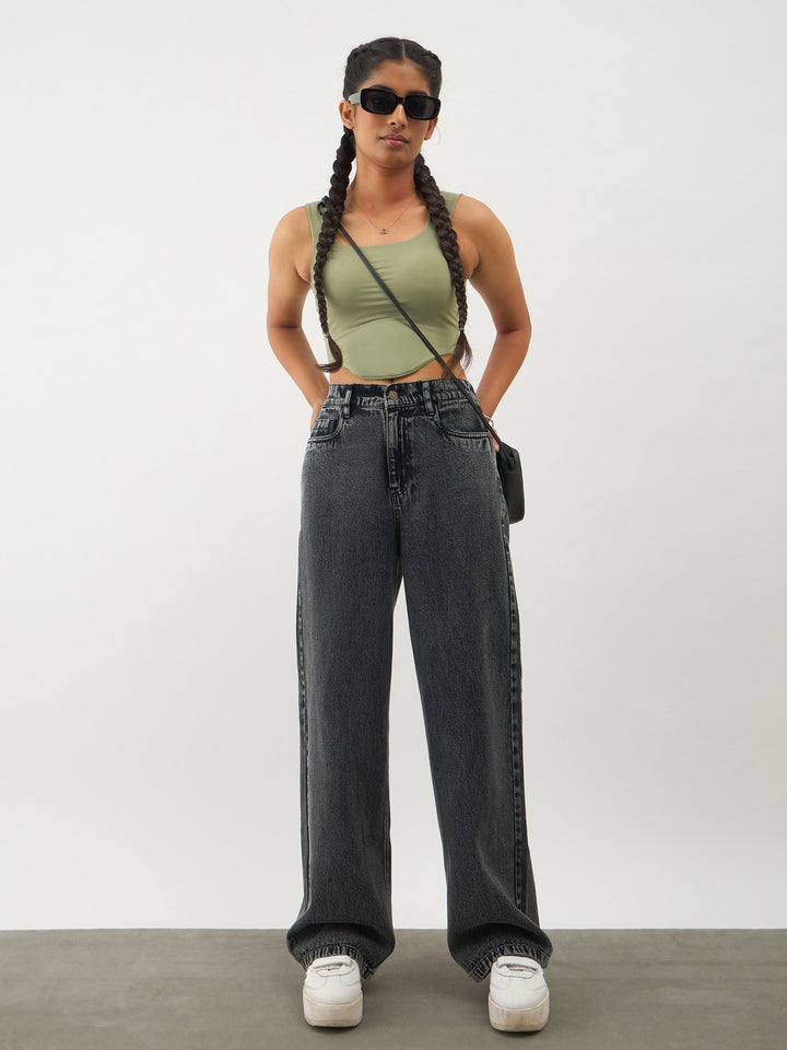 Girls Black Washed Ankle Length Jeans