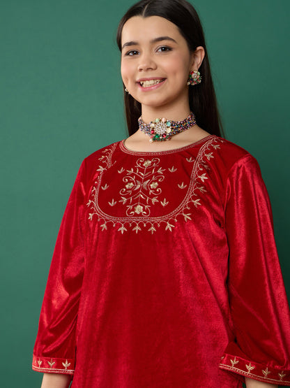 Girl Red Velvet Embroidered Short Kurta