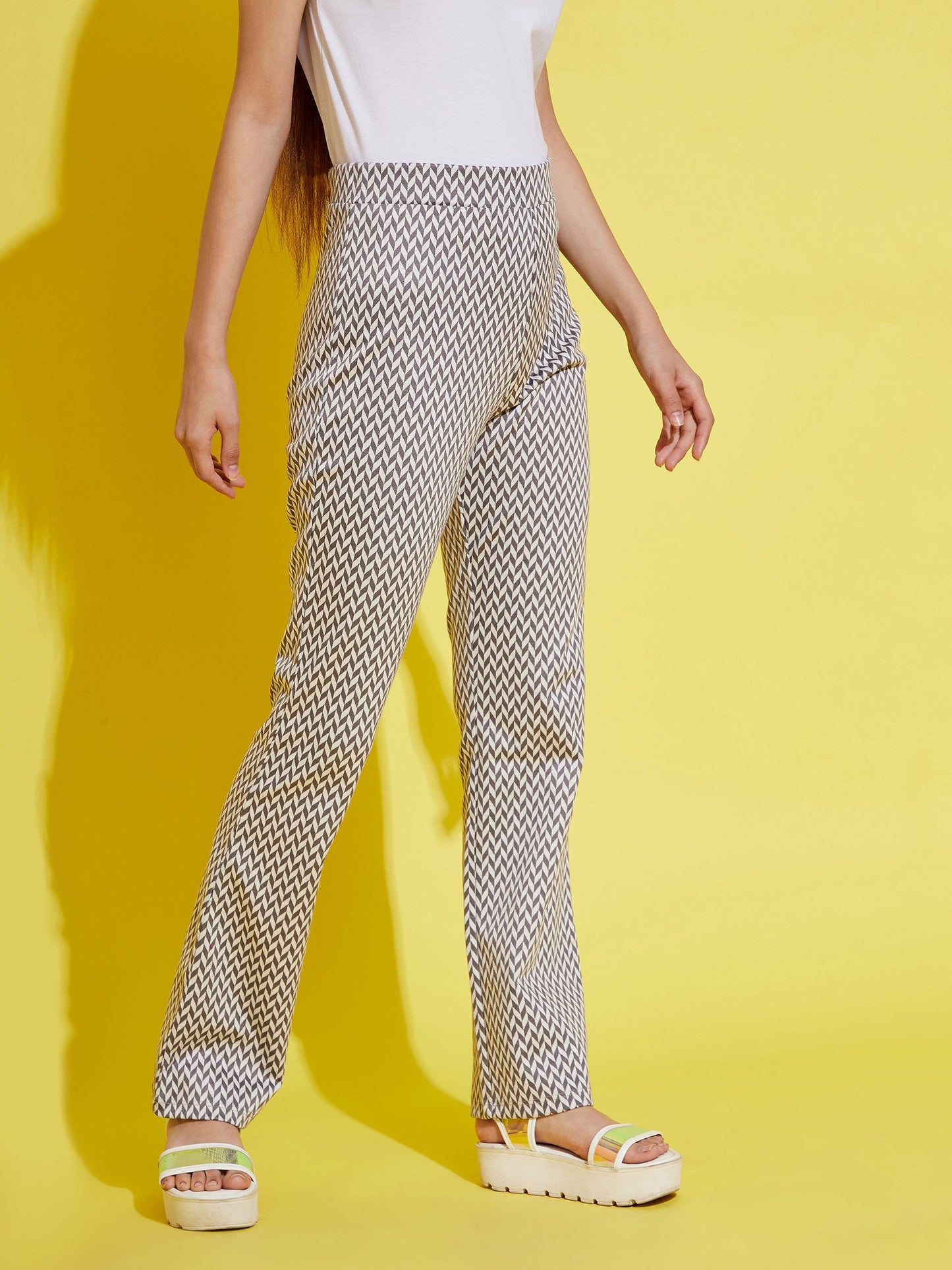 Girls White & Grey Herringbone Boot Leg Pants