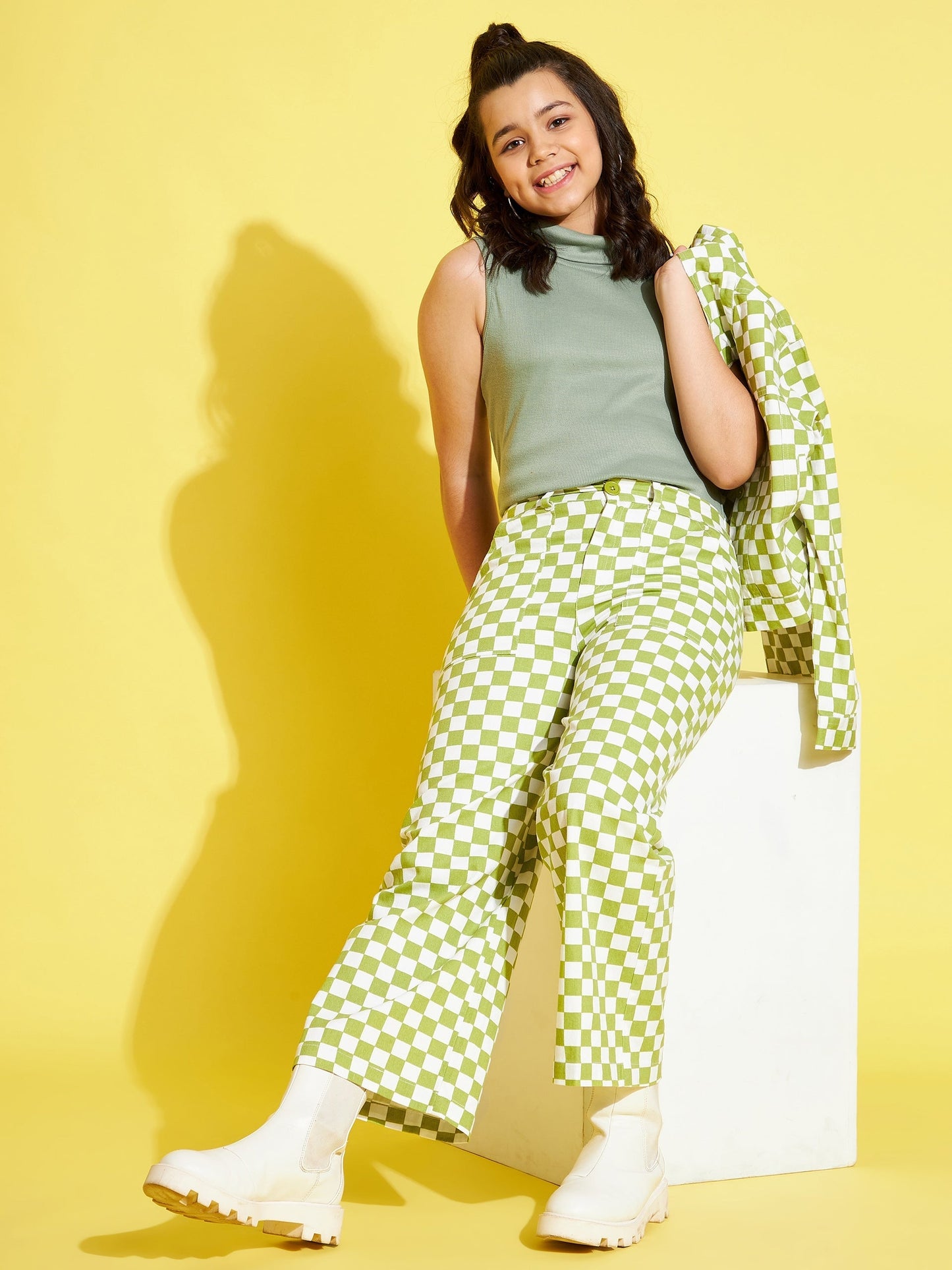 Girls Green & White Geometric Twill Straight Pants