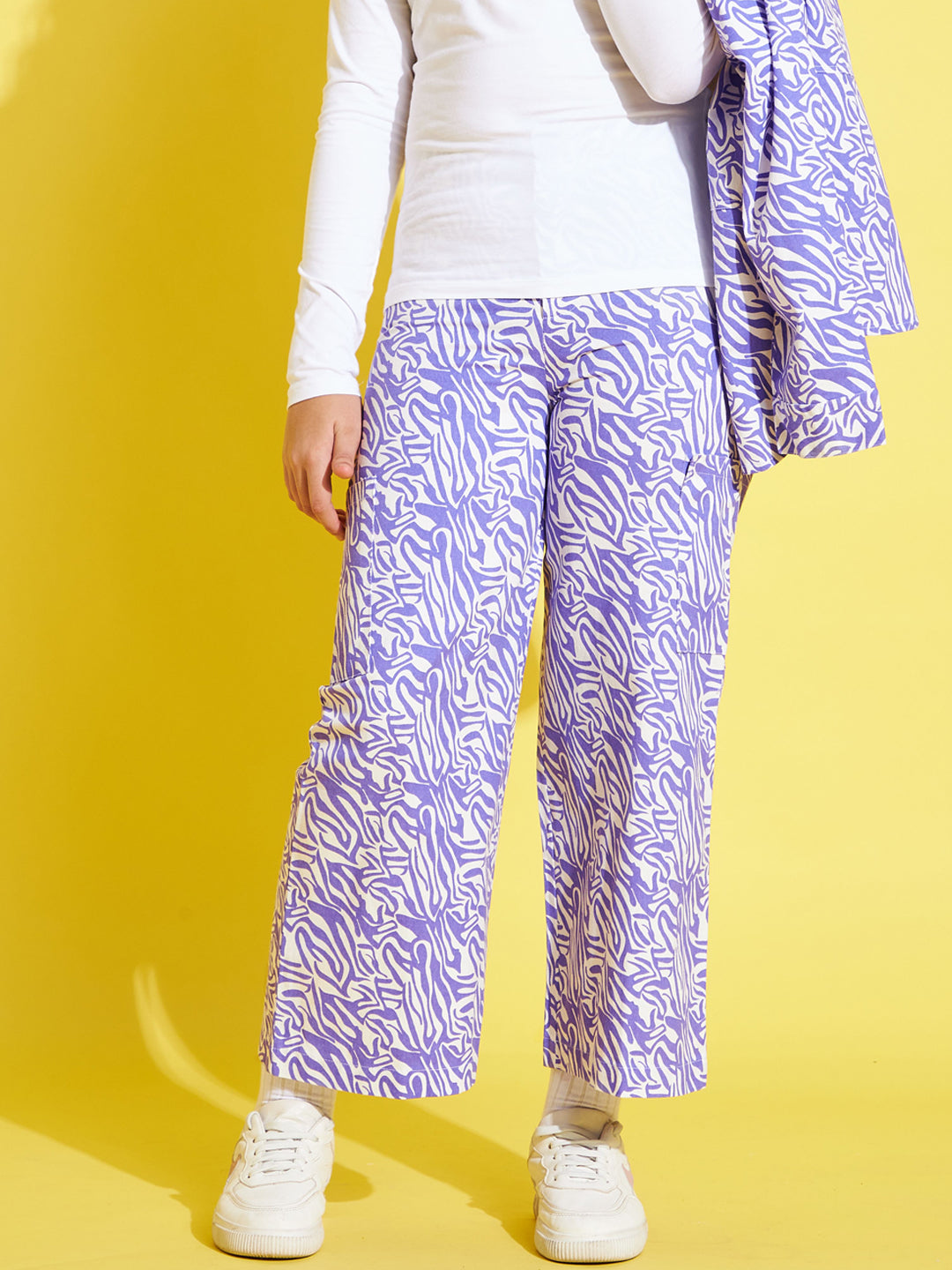 Girls Lavender & White Twill Abstract Waves Straight Pants
