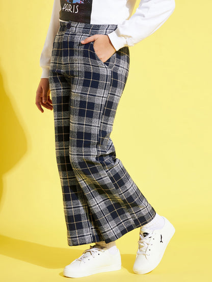 Girls Navy & Grey Check Straight Pants
