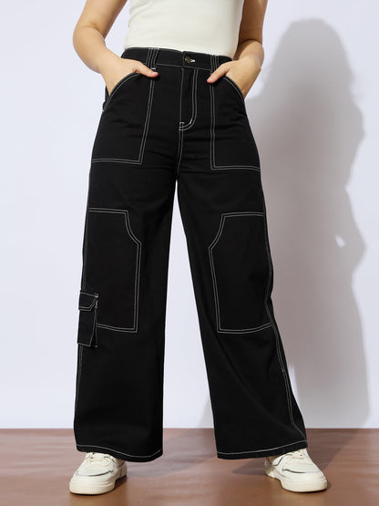 Girls Black Twill White Contrast Thread Straight Pants