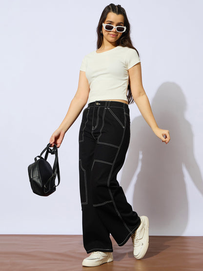 Girls Black Twill White Contrast Thread Straight Pants
