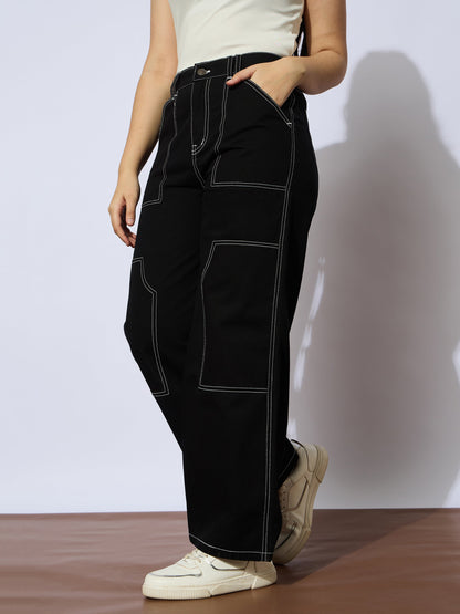 Girls Black Twill White Contrast Thread Straight Pants