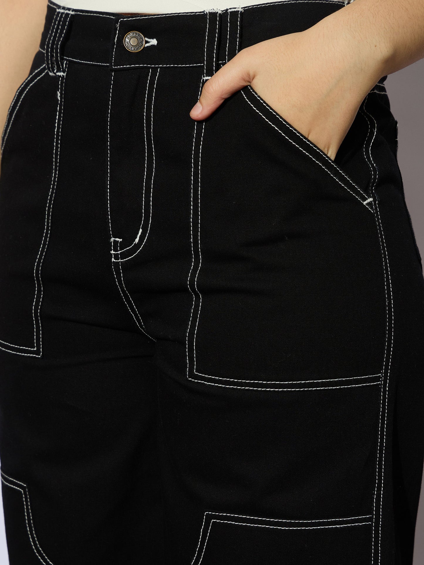 Girls Black Twill White Contrast Thread Straight Pants