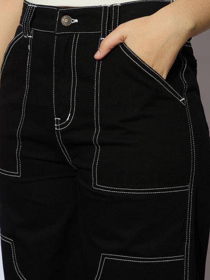 Girls Black Twill White Contrast Thread Straight Pants