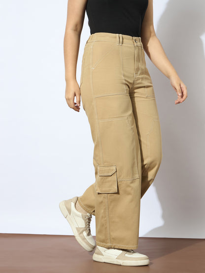 Girls Beige Twill White Contrast Thread Straight Pants