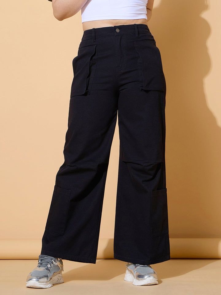 Girls Black Twill Multi Pocket Straight Pants