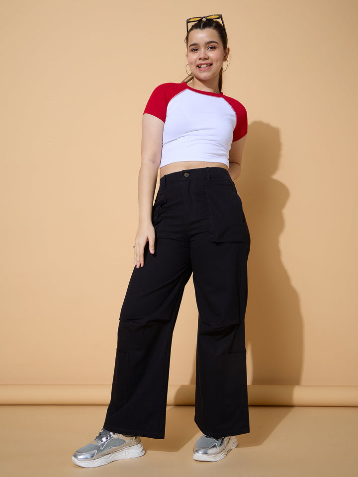 Girls Black Twill Multi Pocket Straight Pants