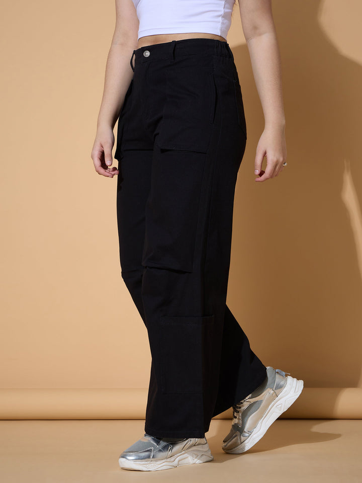 Girls Black Twill Multi Pocket Straight Pants