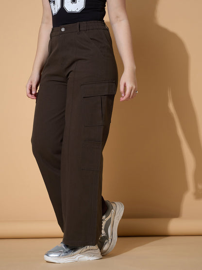 Girls Dark Brown Twill Front Seam Straight Pants