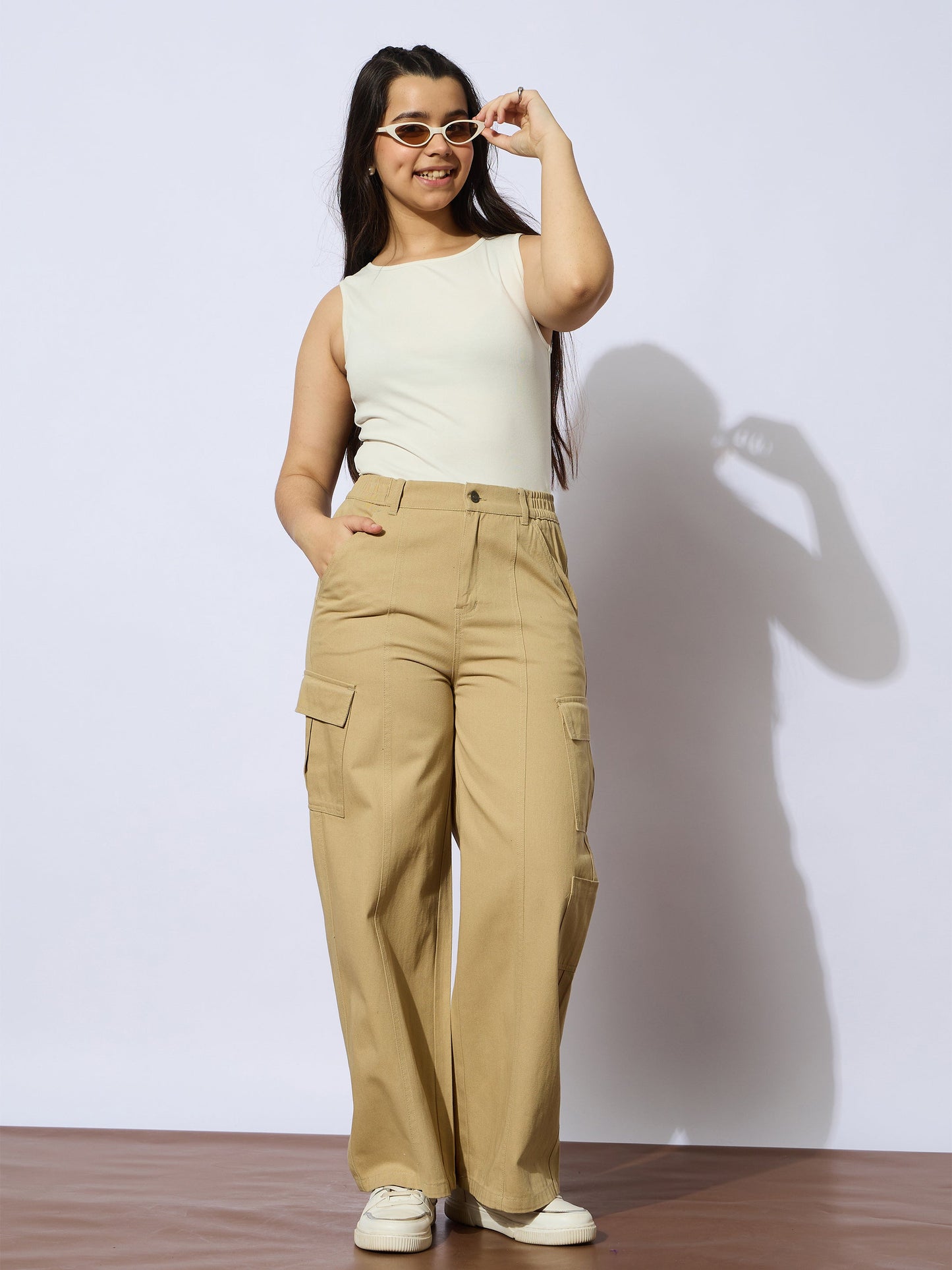Girls Beige Twill Front Seam Straight Pants