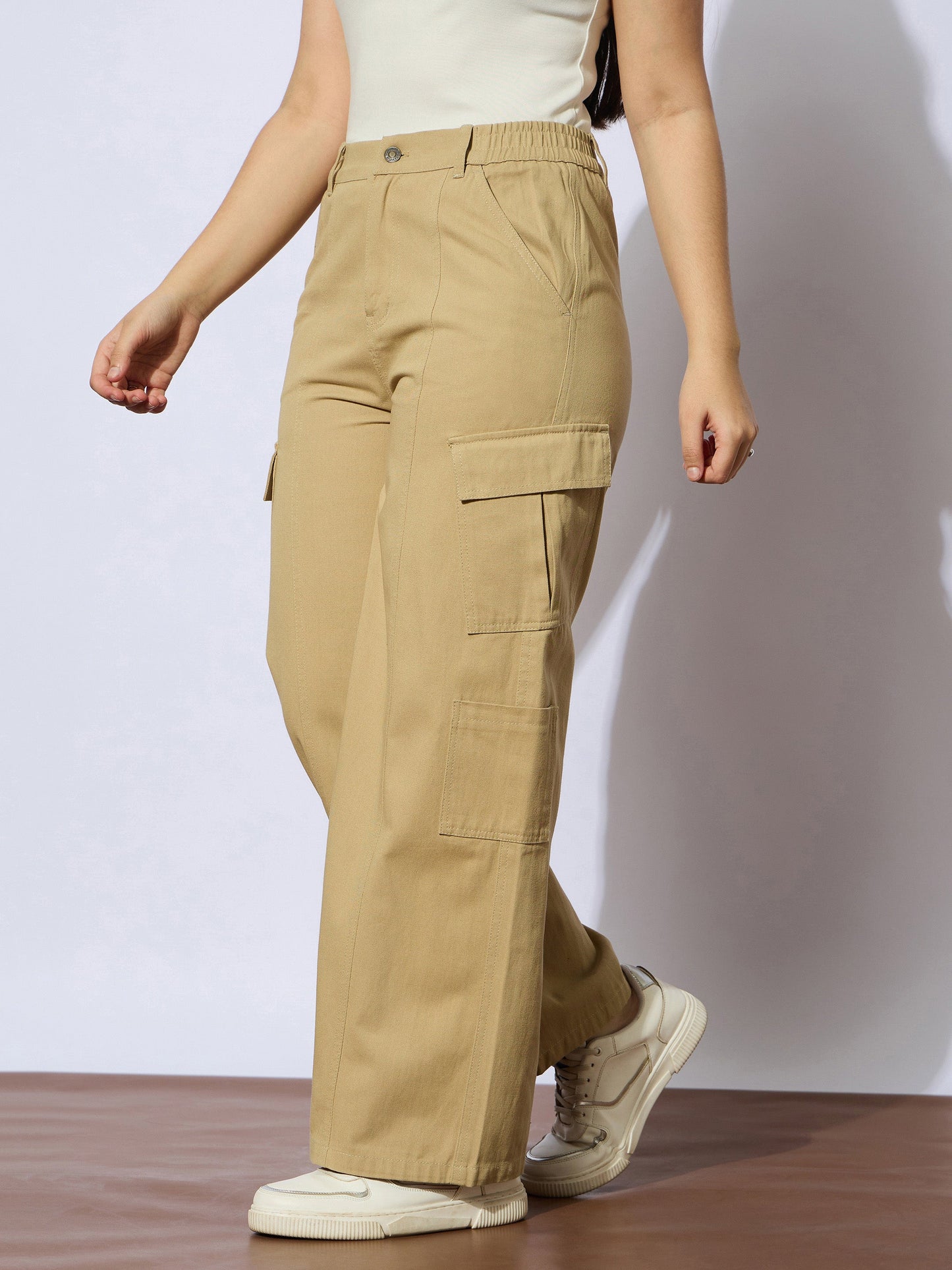 Girls Beige Twill Front Seam Straight Pants