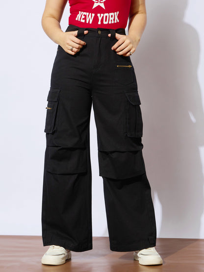 Girls Black Twill Metal Zipper Straight Pants
