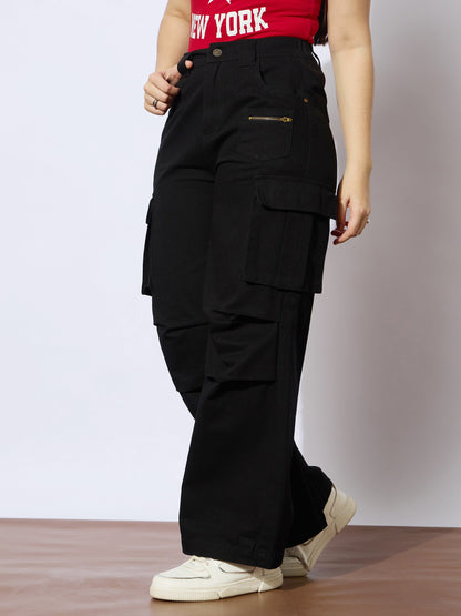 Girls Black Twill Metal Zipper Straight Pants