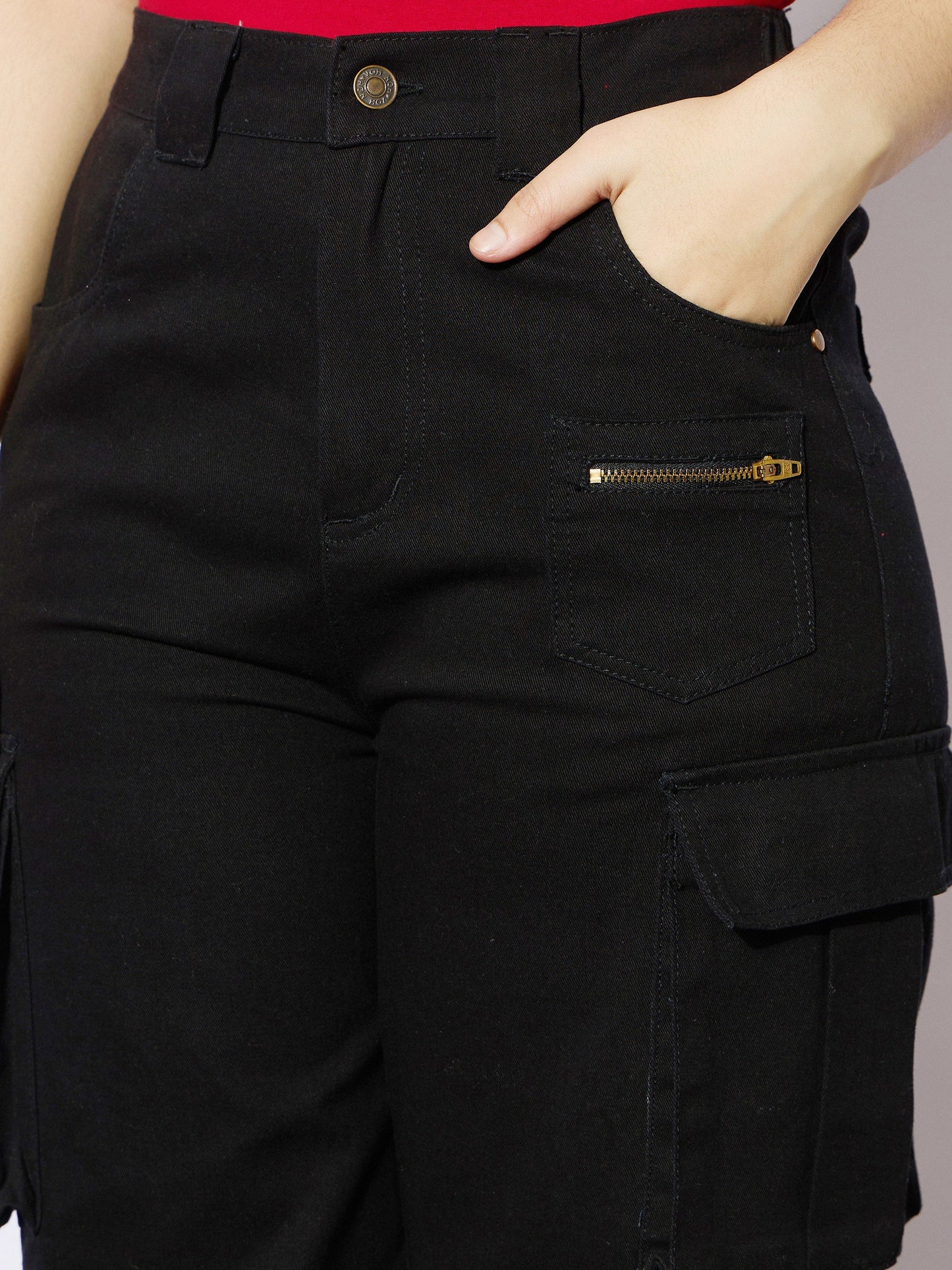 Girls Black Twill Metal Zipper Straight Pants