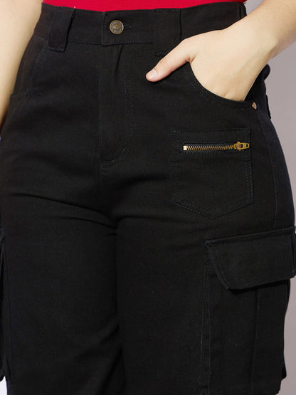 Girls Black Twill Metal Zipper Straight Pants