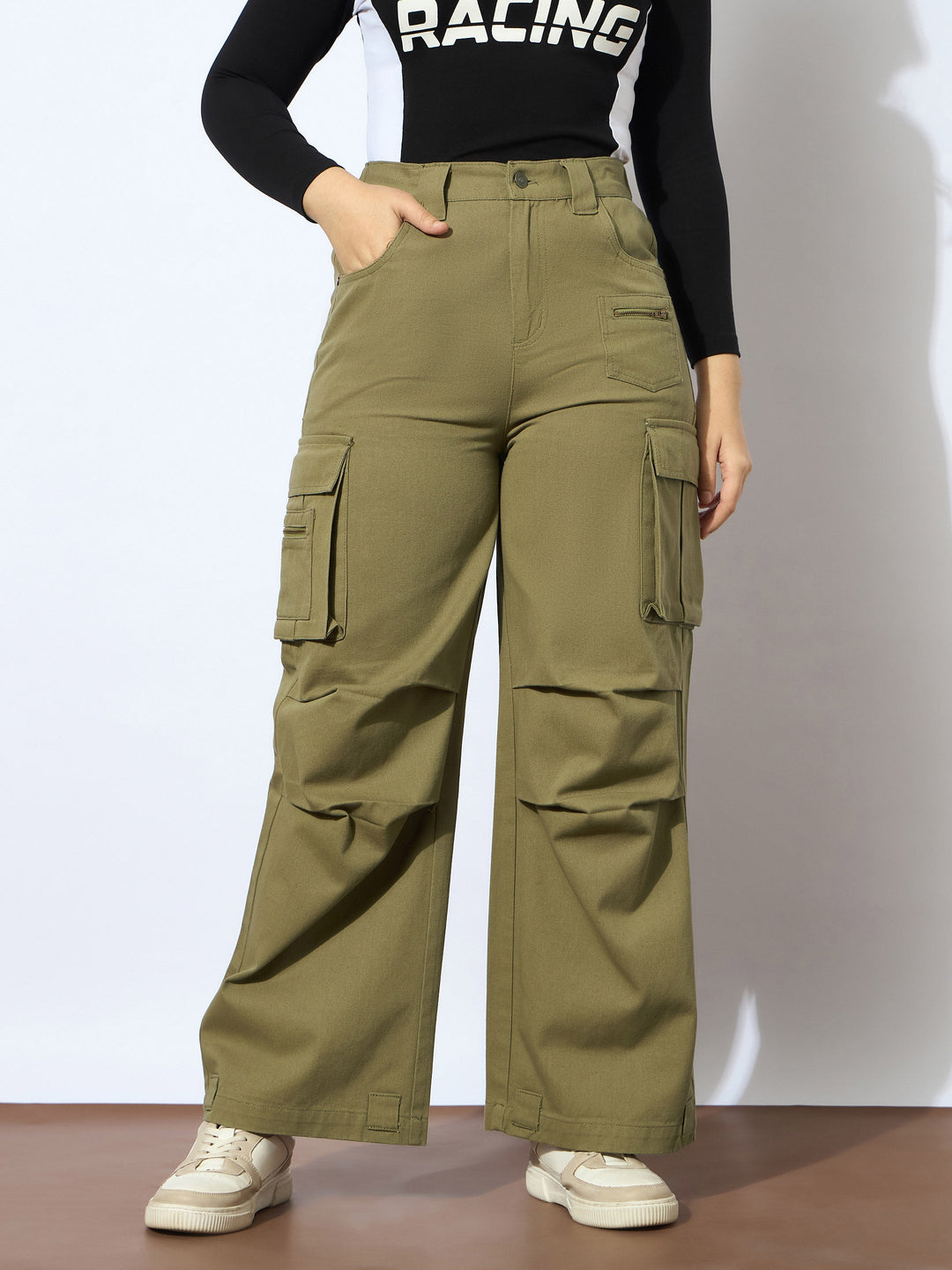 Girls Olive Twill Metal Zipper Straight Pants