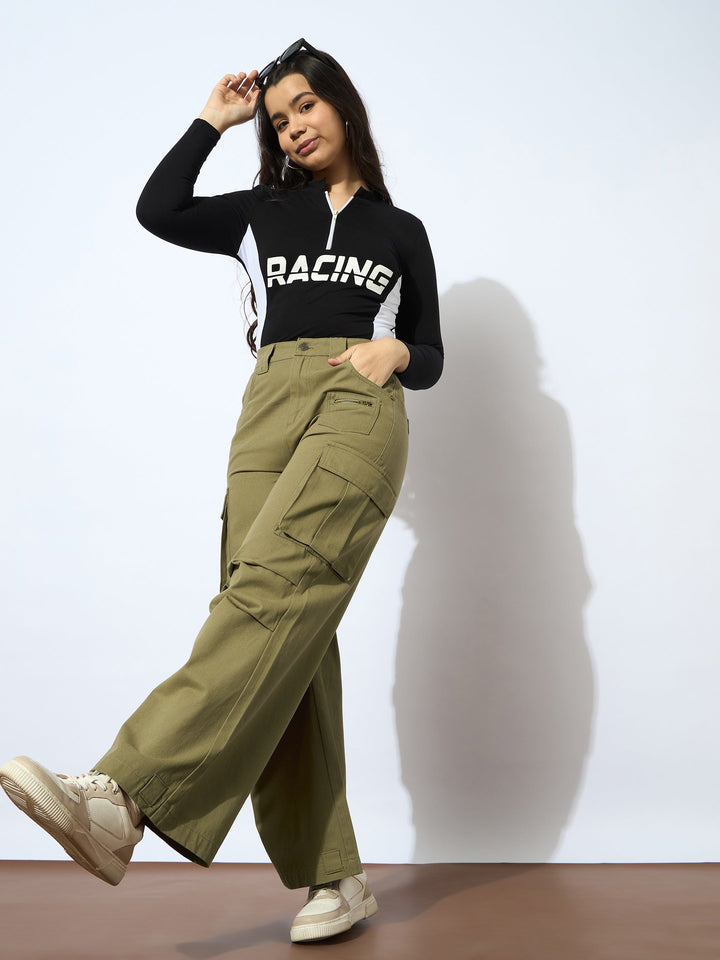 Girls Olive Twill Metal Zipper Straight Pants