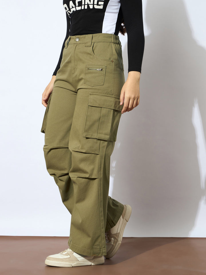 Girls Olive Twill Metal Zipper Straight Pants