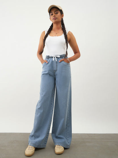 Girls Blue Wash Denim Drawstring Pants