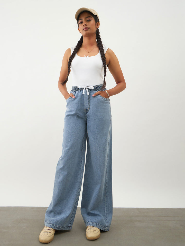 Girls Blue Wash Denim Drawstring Pants