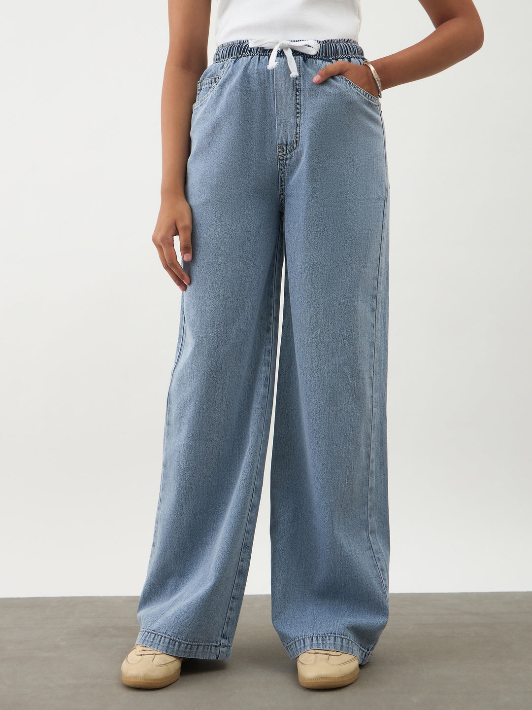 Girls Blue Wash Denim Drawstring Pants