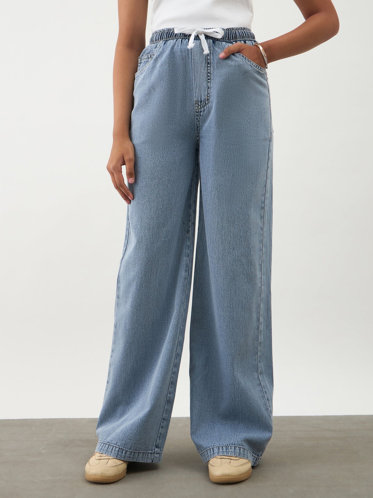 Girls Blue Wash Denim Drawstring Pants