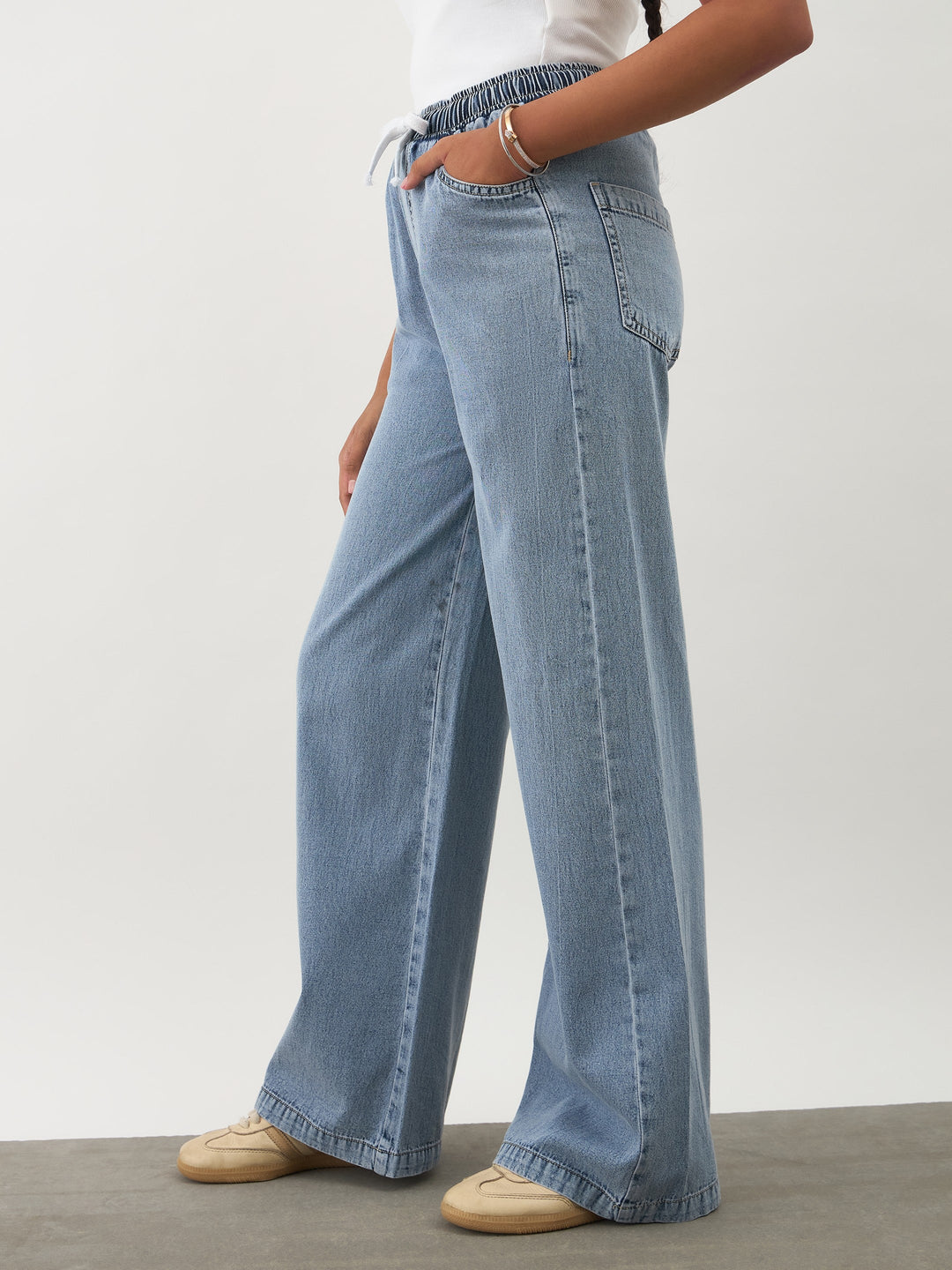 Girls Blue Wash Denim Drawstring Pants