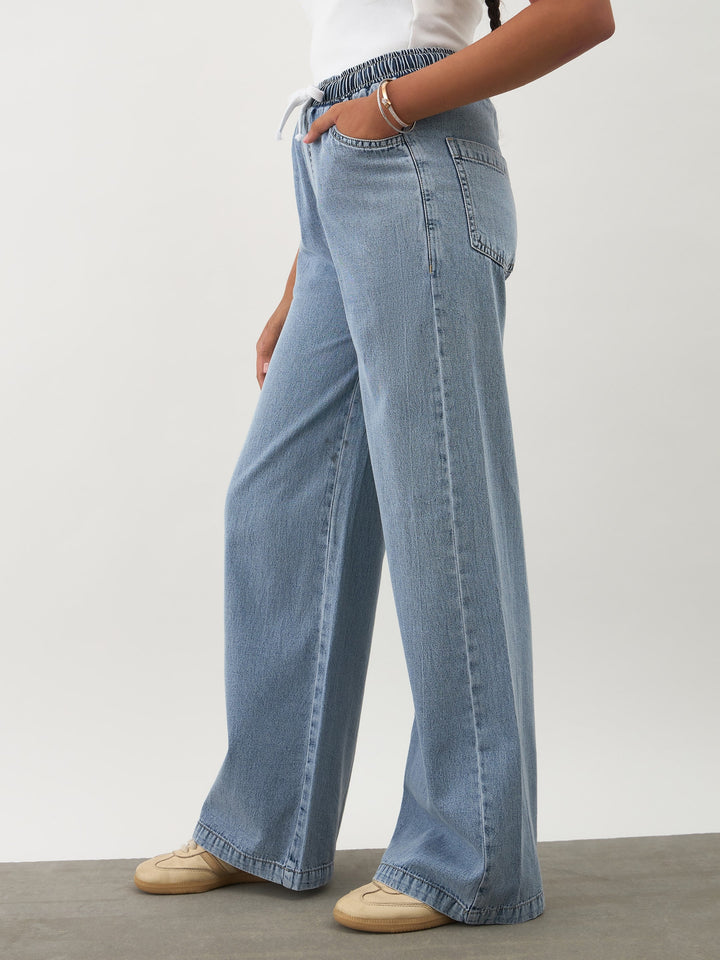 Girls Blue Wash Denim Drawstring Pants
