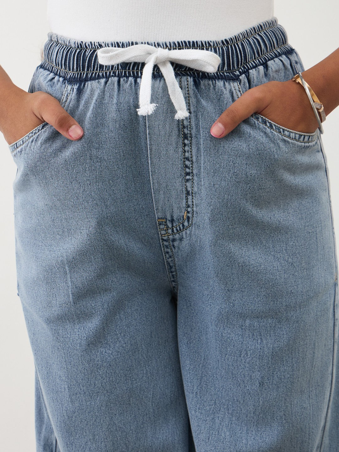 Girls Blue Wash Denim Drawstring Pants
