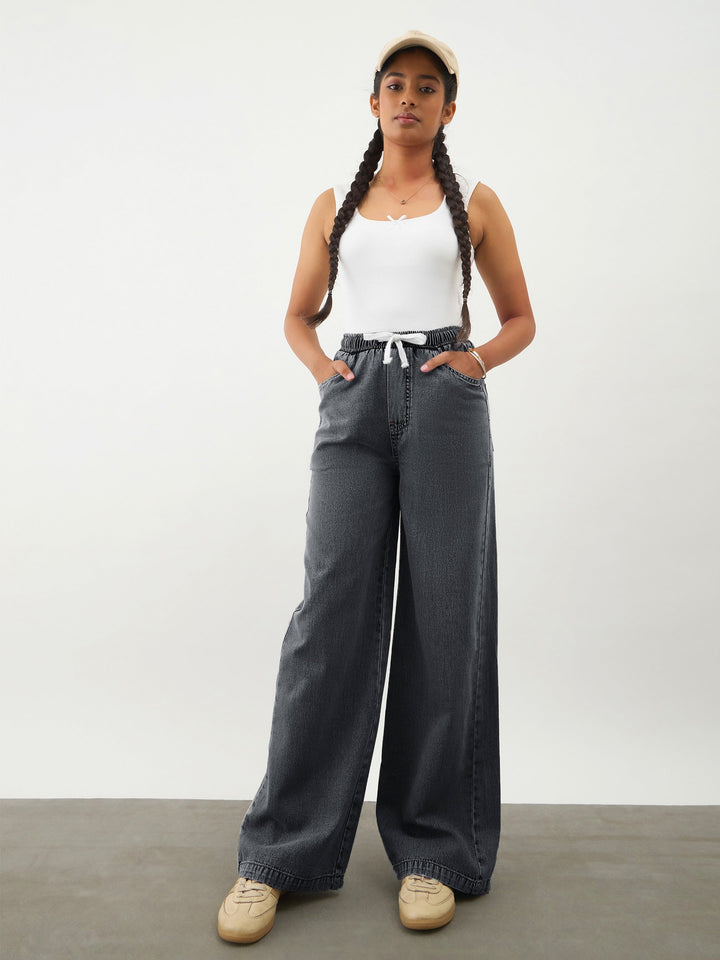 Girls Black Wash Denim Drawstring Pants