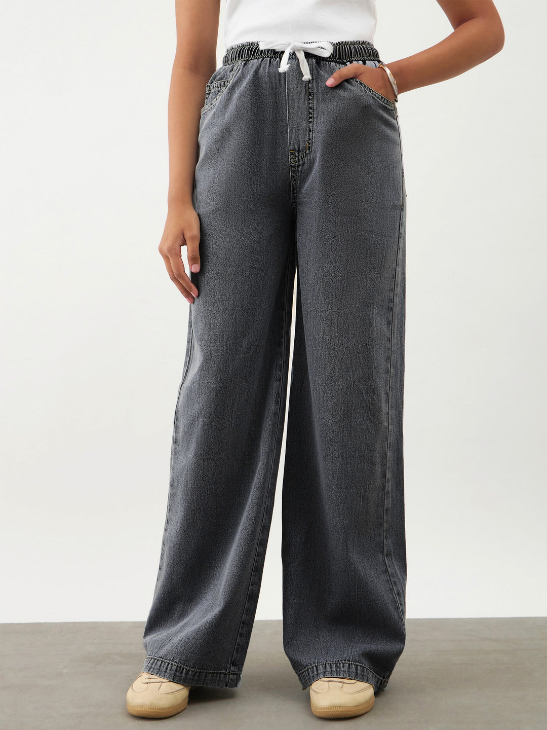 Girls Black Wash Denim Drawstring Pants
