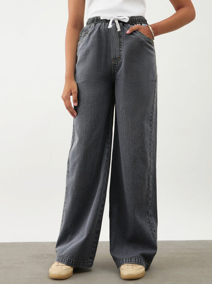 Girls Black Wash Denim Drawstring Pants
