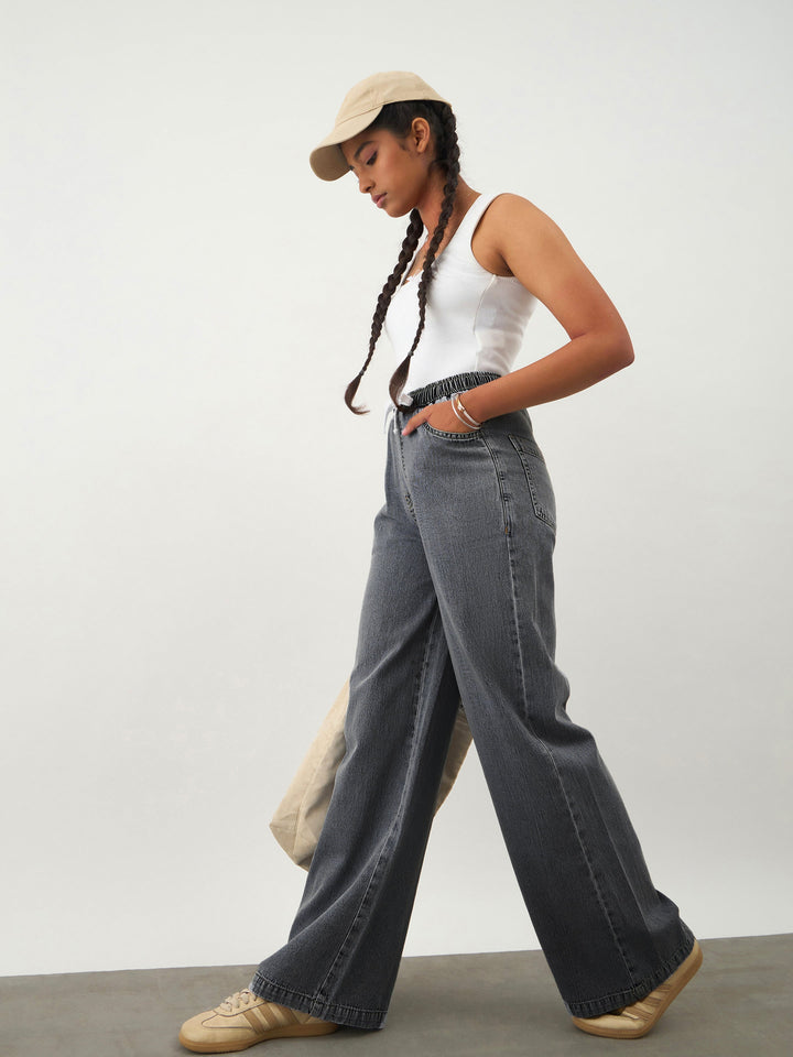Girls Black Wash Denim Drawstring Pants