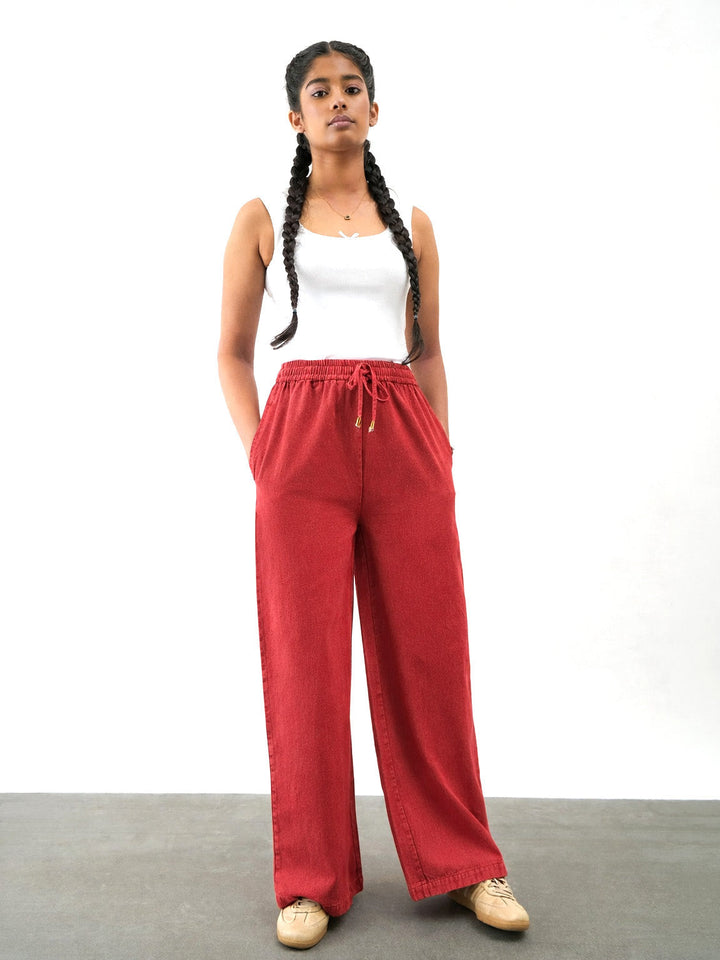 Girls Red Twill Overdyed Elasticated Straight Pants