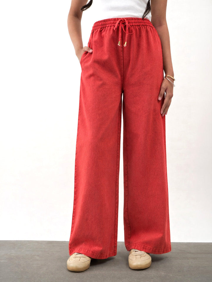 Girls Red Twill Overdyed Elasticated Straight Pants