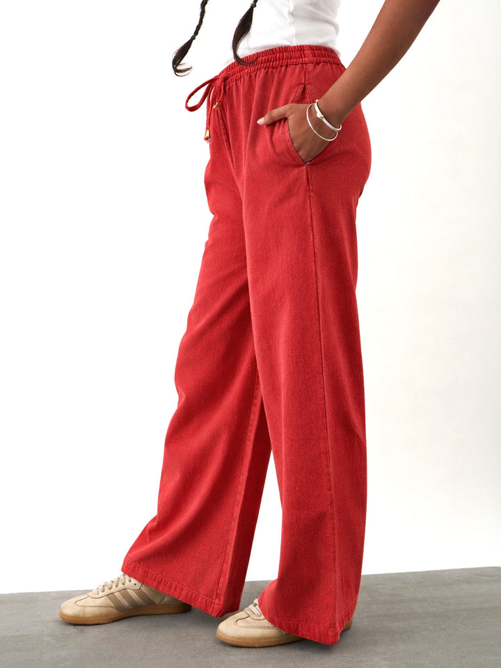 Girls Red Twill Overdyed Elasticated Straight Pants