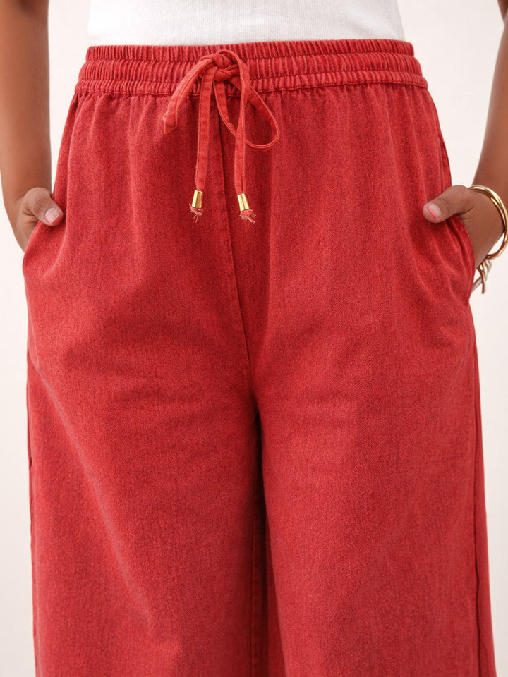 Girls Red Twill Overdyed Elasticated Straight Pants