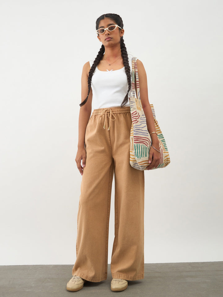 Girls Beige Twill Overdyed Elasticated Straight Pants