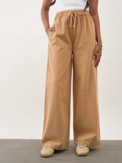 Girls Beige Twill Overdyed Elasticated Straight Pants